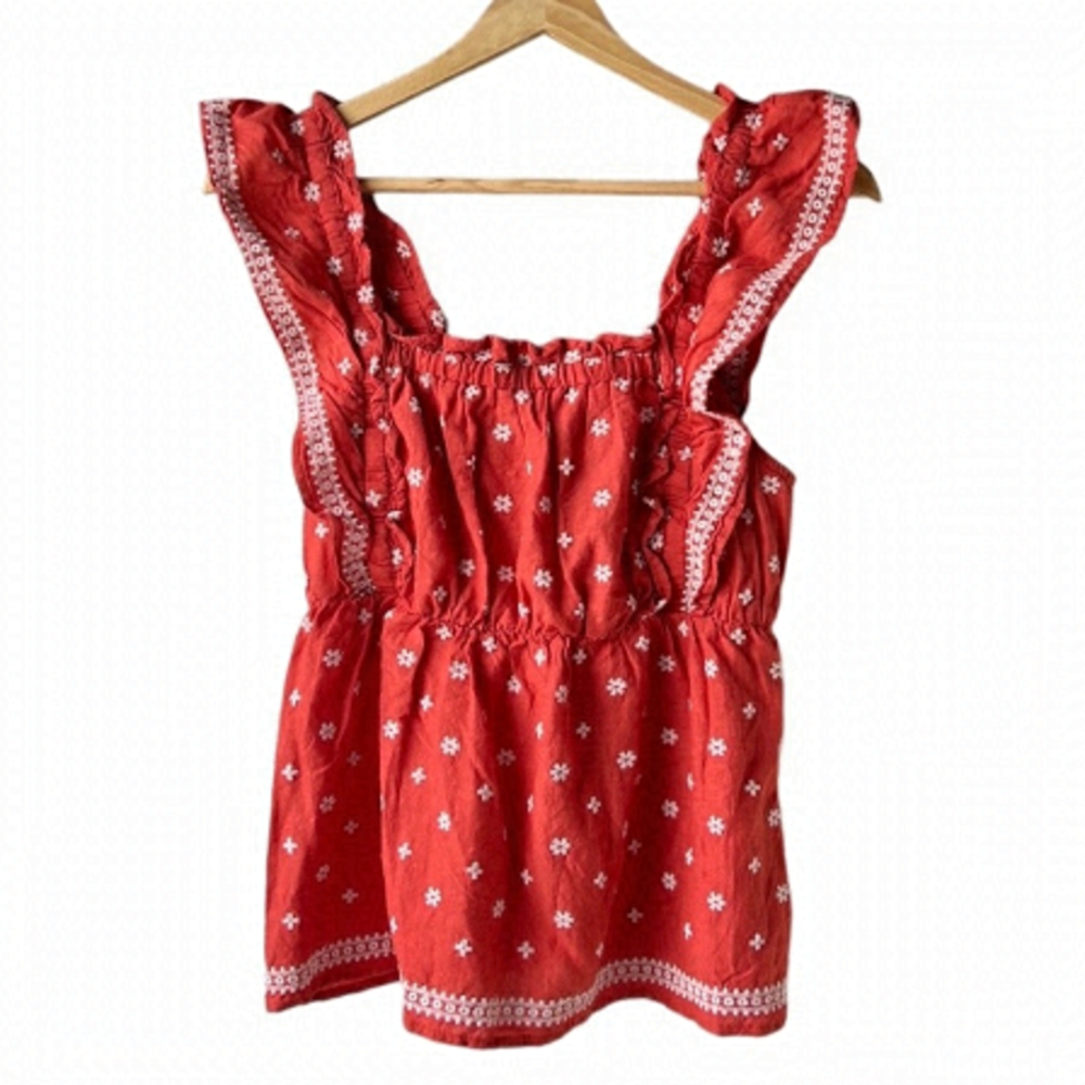 OLD NAVY Orange and White Embroidered Smocked Frilly Crop Top Size CS